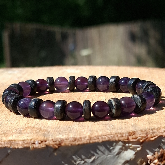 Clarté Spirituelle – Bracelet Améthyste & Perle de Bois de Coco Noire
